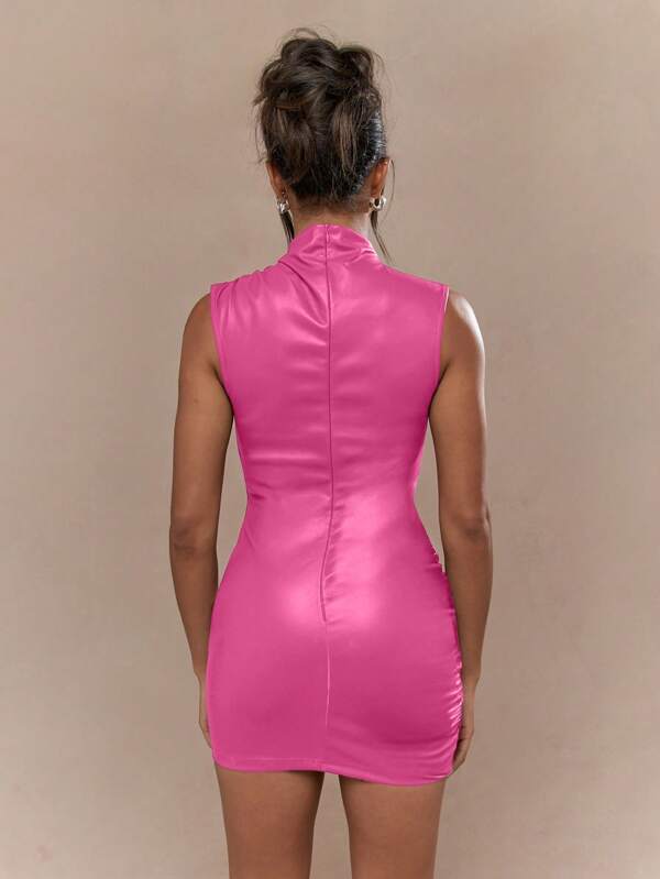 Missguided MISSGUIDED High Neck PU Leather Look Ruched Mini Dress
