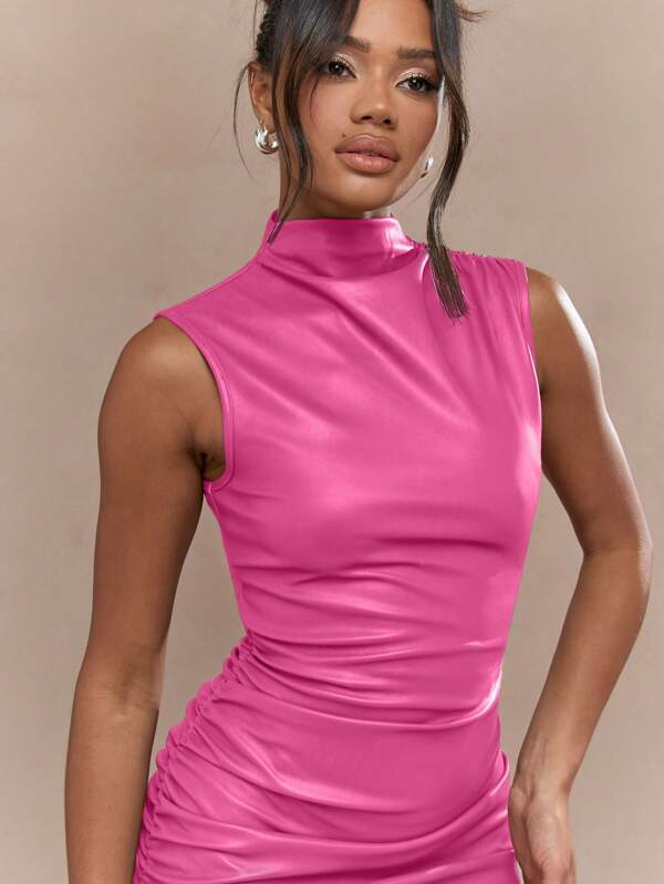 Missguided MISSGUIDED High Neck PU Leather Look Ruched Mini Dress
