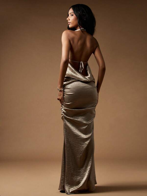 Missguided MISSGUIDED High Neck Ruched Satin Maxi Dress With Halter Design