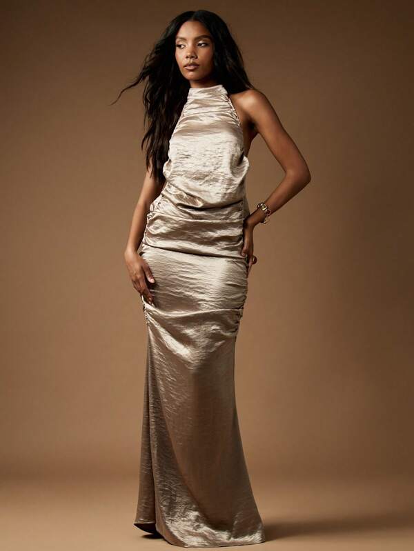 missguided MISSGUIDED High Neck Ruched Satin Maxi Dress With Halter Design