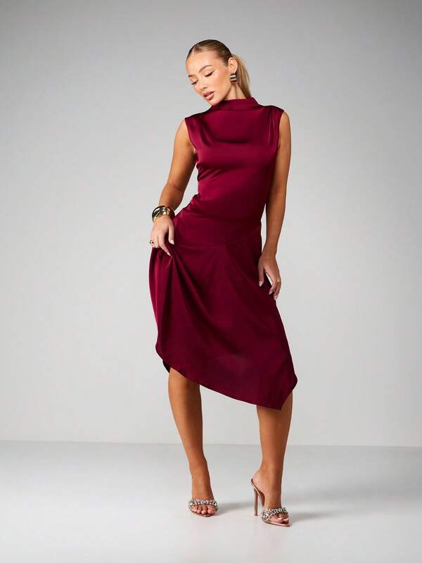 Missguided MISSGUIDED High Neck Satin Midi Dress With Asymmetrical Hem