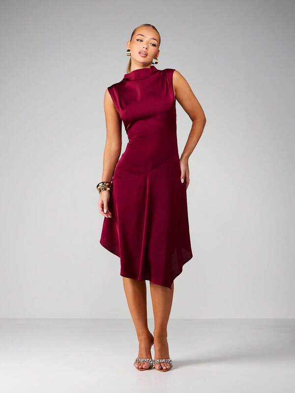 missguided MISSGUIDED High Neck Satin Midi Dress With Asymmetrical Hem