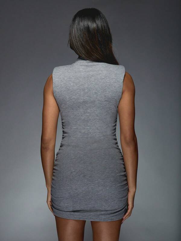 Missguided MISSGUIDED High Neck Shoulder Pad Ruched Heather Bodycon Mini Dress