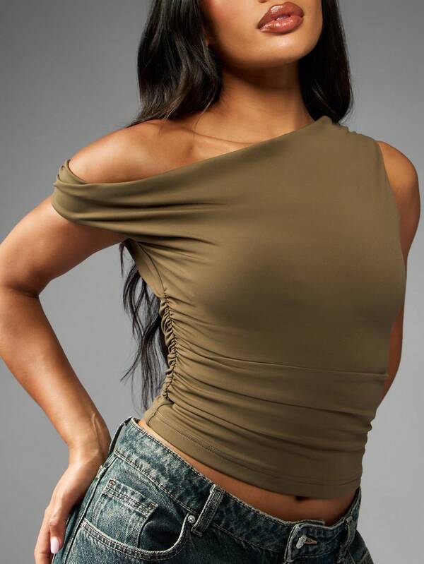Missguided MISSGUIDED High Neck Sleeveless Crop Tank With Ruched Detail