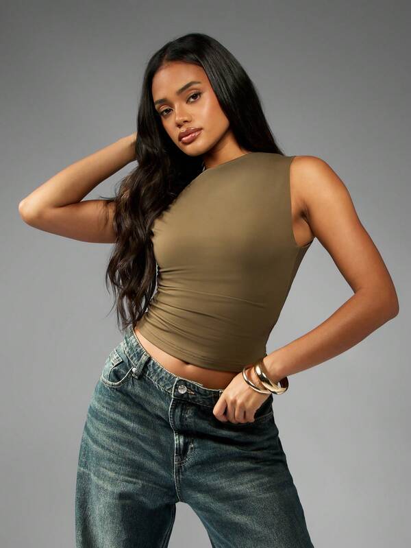 missguided MISSGUIDED High Neck Sleeveless Crop Tank With Ruched Detail