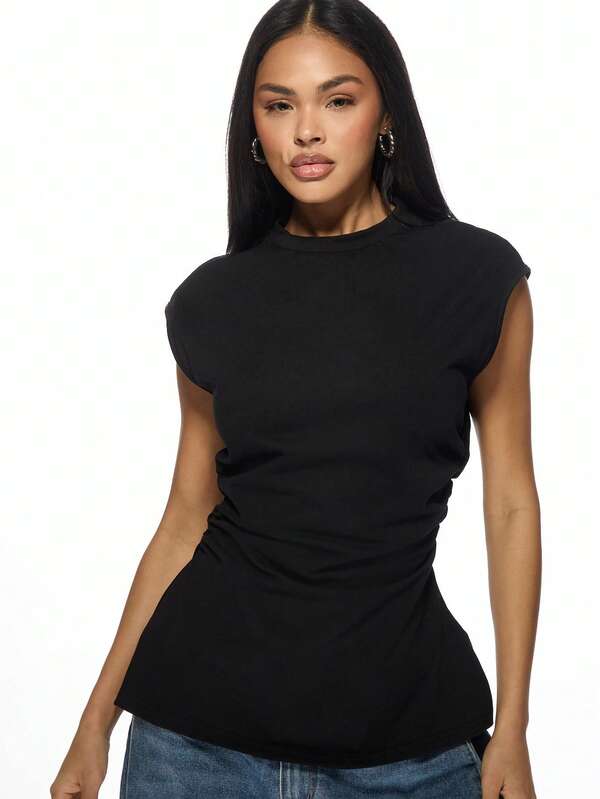 Missguided MISSGUIDED High Neck Sleeveless Fitted Top Cinched Waist Detail
