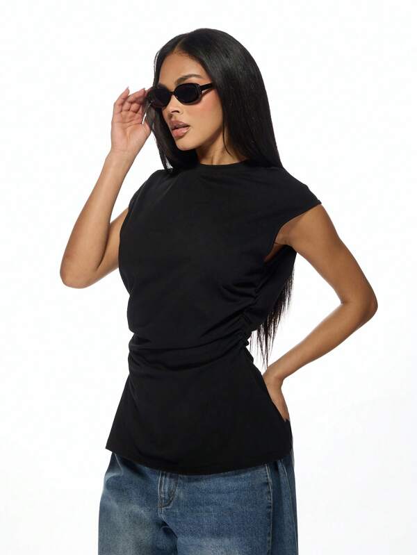 missguided MISSGUIDED High Neck Sleeveless Fitted Top Cinched Waist Detail