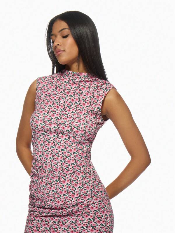 Missguided MISSGUIDED High Neck Sleeveless Floral Retro Print Ruched Bodycon Mini Dress