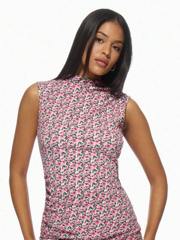 Missguided MISSGUIDED High Neck Sleeveless Floral Retro Print Ruched Bodycon Mini Dress