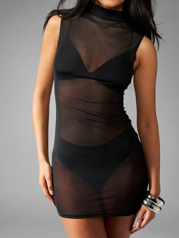 Missguided MISSGUIDED High Neck Sleeveless Mesh Bodycon See Through Mini Dress