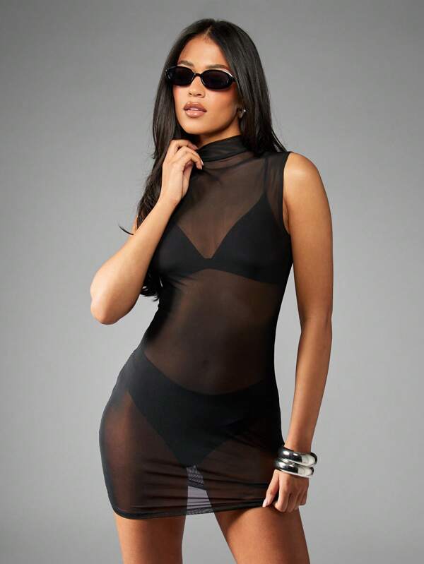 missguided MISSGUIDED High Neck Sleeveless Mesh Bodycon See Through Mini Dress