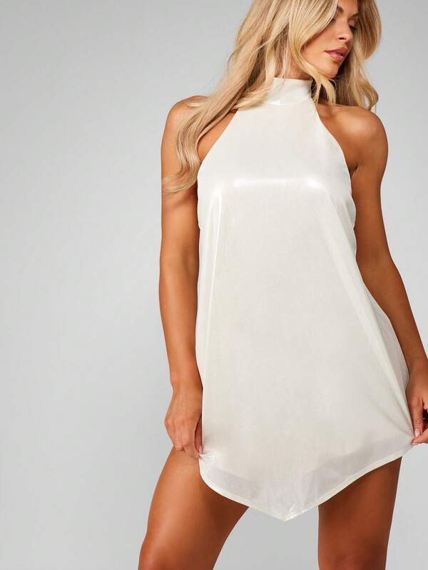 Missguided MISSGUIDED High Neck Sparkle Mini Dress With Asymmetrical Hem