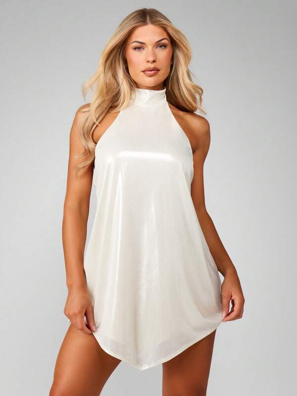 missguided MISSGUIDED High Neck Sparkle Mini Dress With Asymmetrical Hem