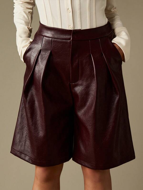 missguided MISSGUIDED High Rise Pleated Faux Leather Bermuda Shorts