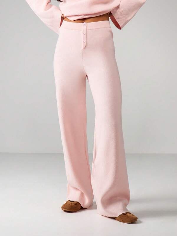 missguided MISSGUIDED High Rise Ribbed Knit Pants With Button Detail