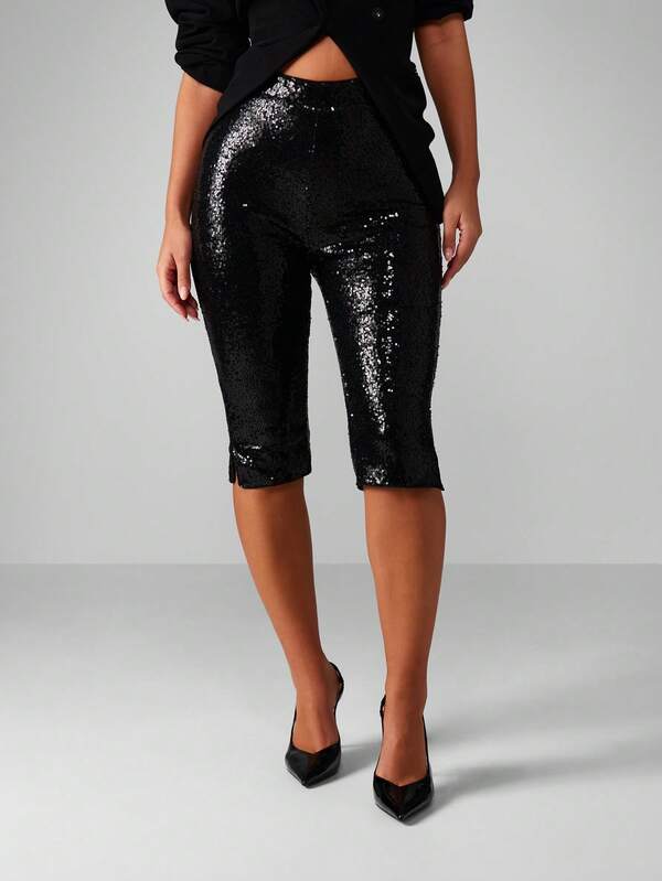 Missguided MISSGUIDED High Rise Sequin Capri Pants With Side Split