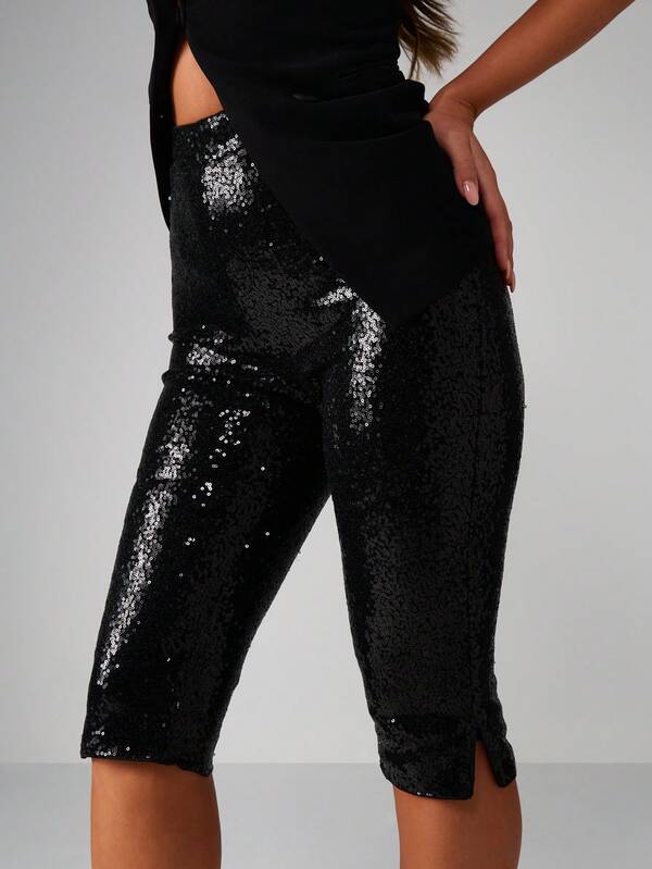 missguided MISSGUIDED High Rise Sequin Capri Pants With Side Split