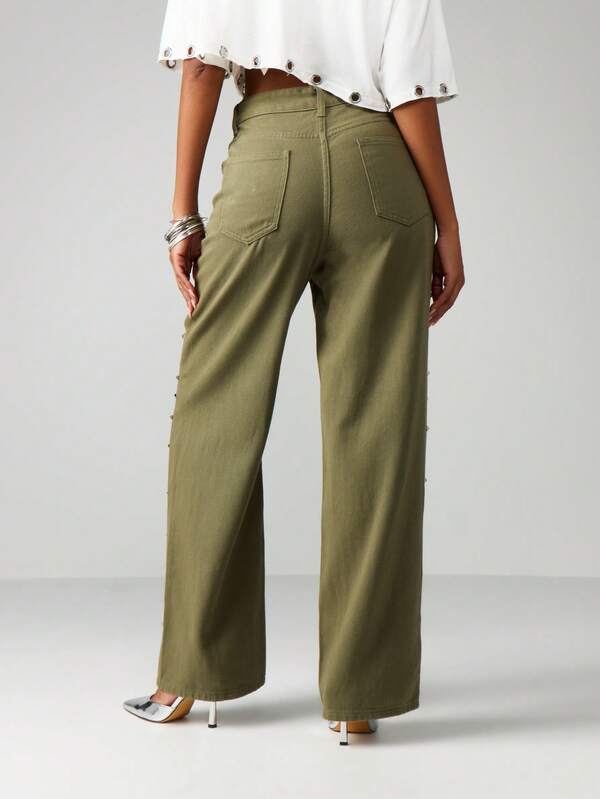 Missguided MISSGUIDED High Rise Studded Wide Leg Jeans