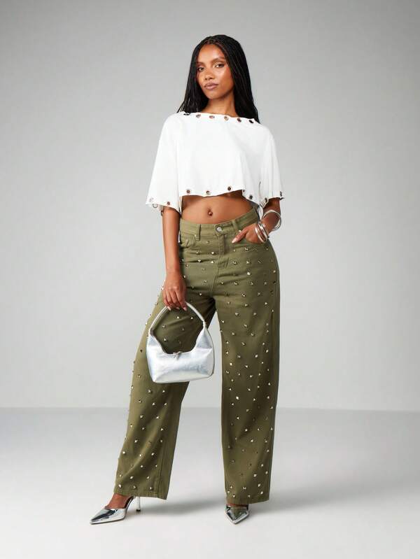 Missguided MISSGUIDED High Rise Studded Wide Leg Jeans