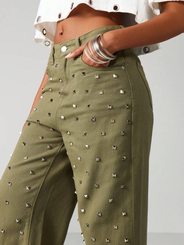 Missguided MISSGUIDED High Rise Studded Wide Leg Jeans