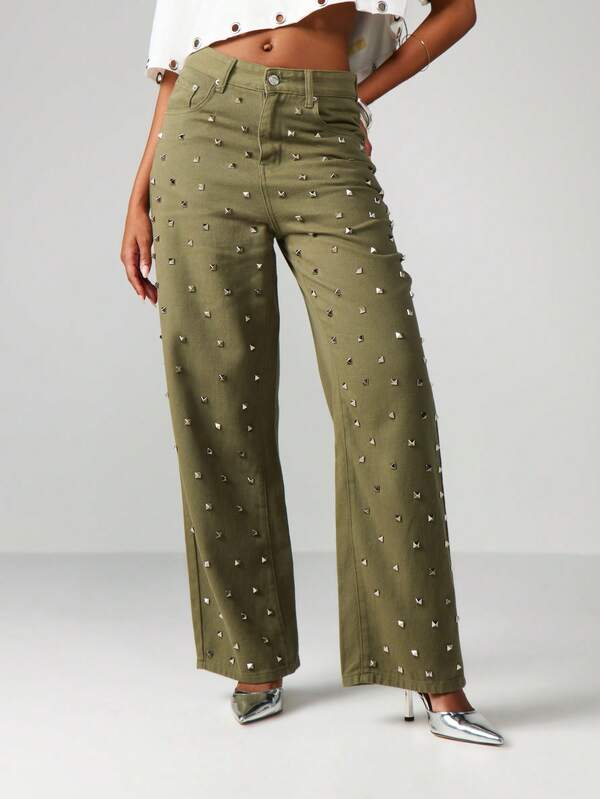 missguided MISSGUIDED High Rise Studded Wide Leg Jeans
