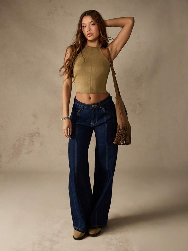 Missguided MISSGUIDED High Rise Wide Leg Denim Jeans With Contrast Stitching