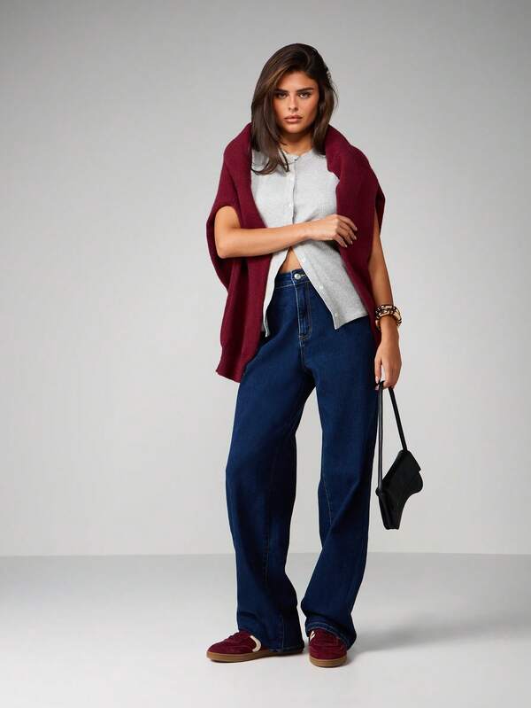 Missguided MISSGUIDED High Rise Wide Leg Denim Jeans With Contrast Stitching