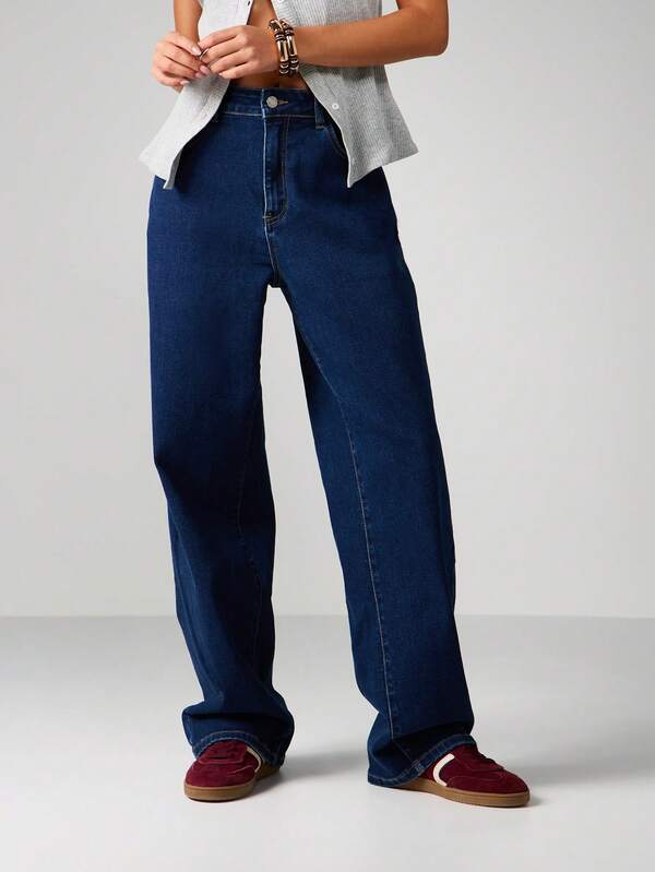 missguided MISSGUIDED High Rise Wide Leg Denim Jeans With Contrast Stitching