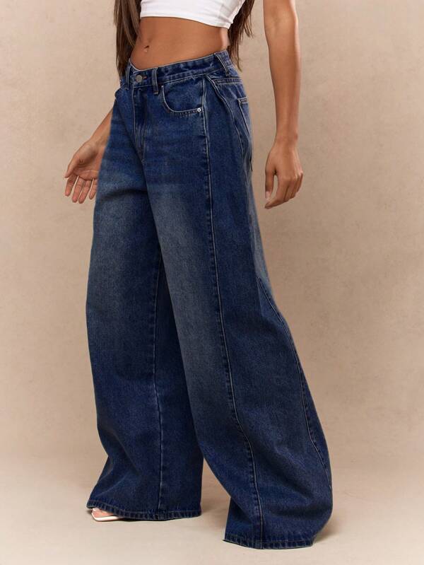 missguided MISSGUIDED High Rise Wide Leg Denim Pants With Vintage Wash