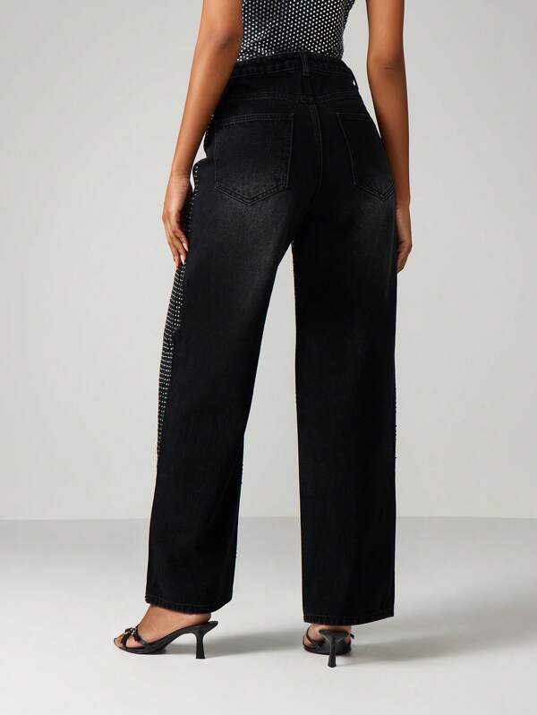 Missguided MISSGUIDED High Rise Wide Leg Diamante Jeans