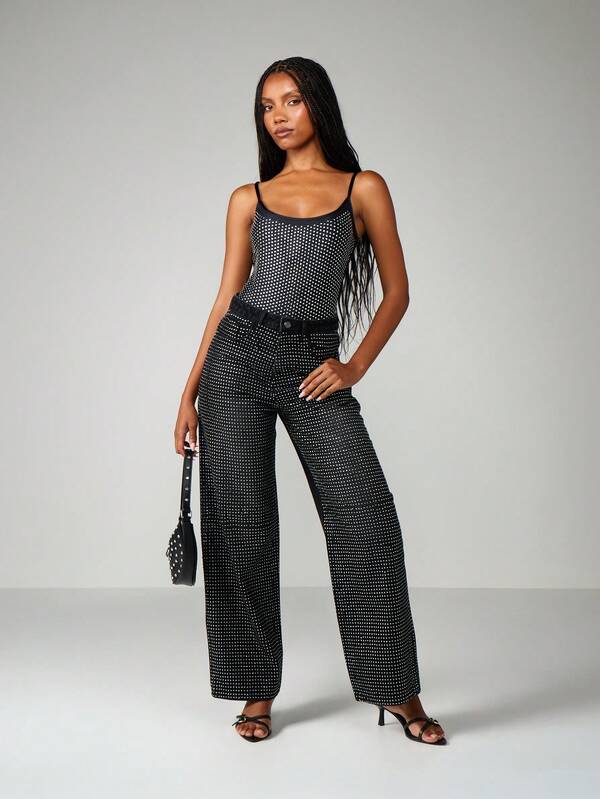Missguided MISSGUIDED High Rise Wide Leg Diamante Jeans