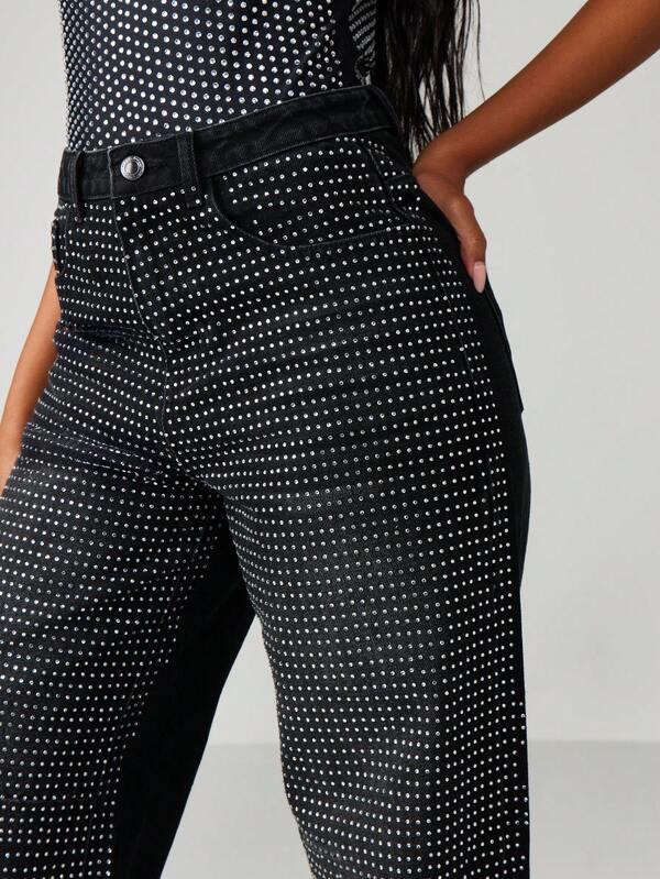 Missguided MISSGUIDED High Rise Wide Leg Diamante Jeans