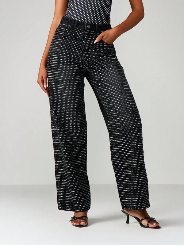 missguided MISSGUIDED High Rise Wide Leg Diamante Jeans