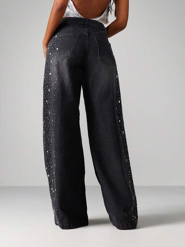 Missguided MISSGUIDED High Rise Wide Leg Sparkle Jeans