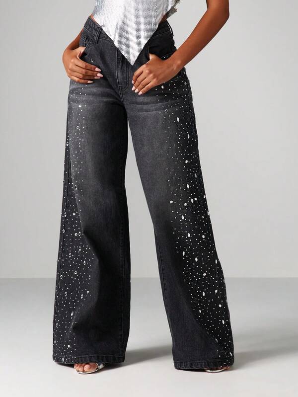 Missguided MISSGUIDED High Rise Wide Leg Sparkle Jeans