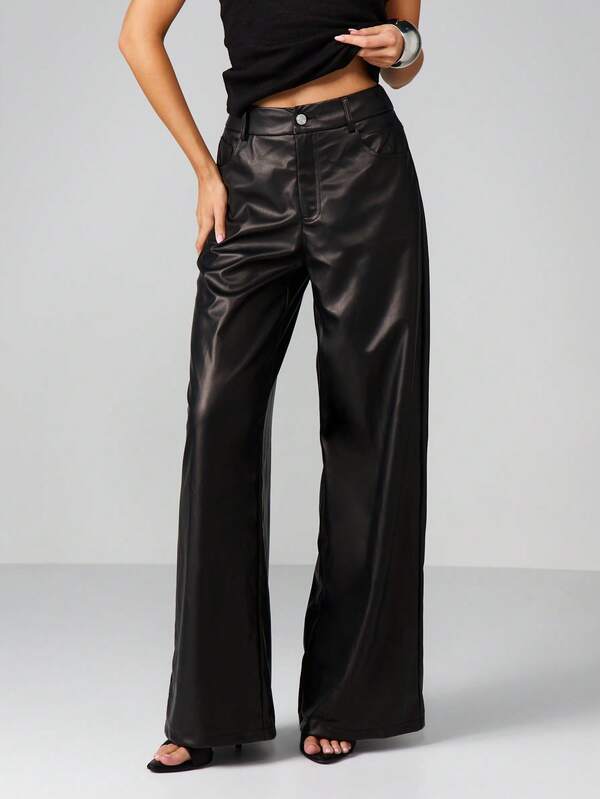 missguided MISSGUIDED High Waist Faux Leather Wide Leg Pants