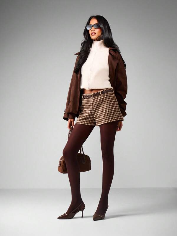 Missguided MISSGUIDED High Waisted Houndstooth Belted Mini Shorts