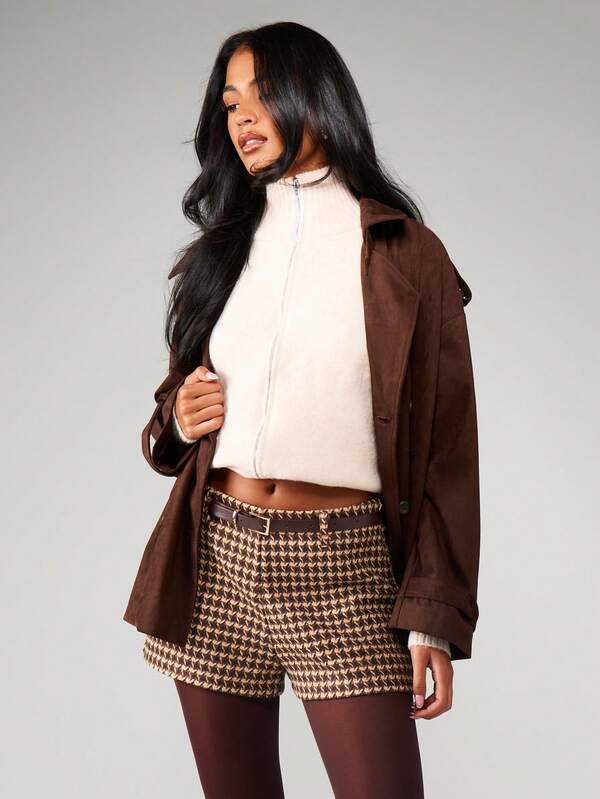 missguided MISSGUIDED High Waisted Houndstooth Belted Mini Shorts