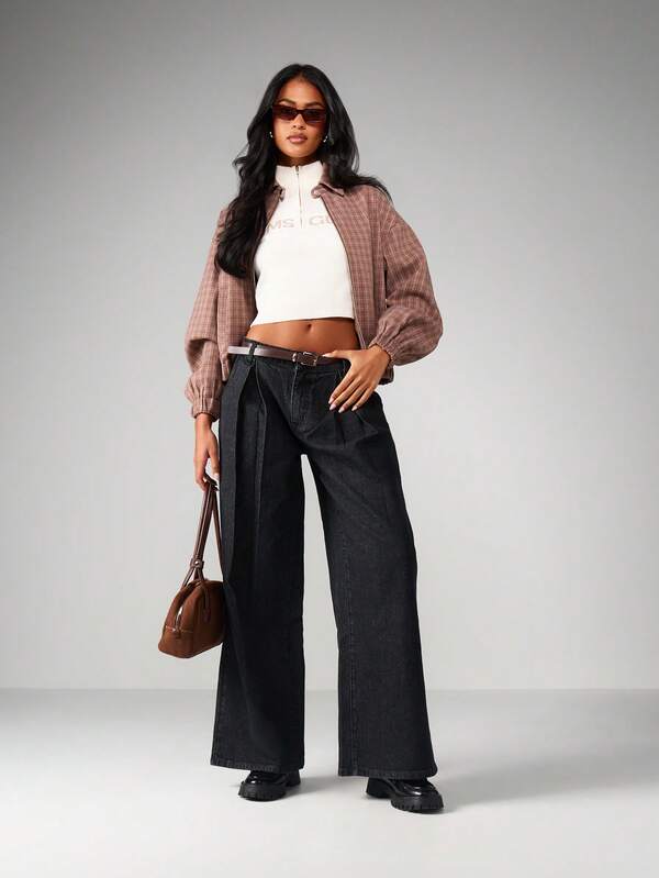 Missguided MISSGUIDED High Waisted Pleated Wide Leg Jeans