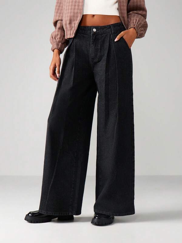 missguided MISSGUIDED High Waisted Pleated Wide Leg Jeans