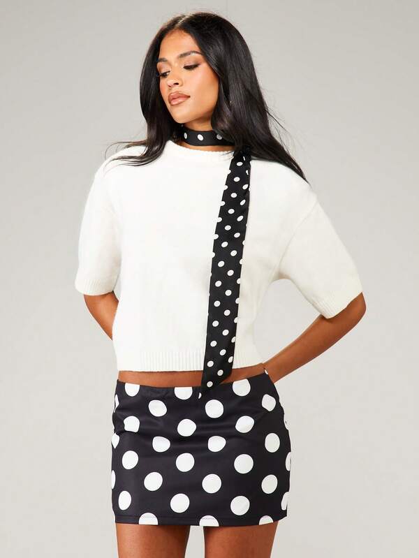 missguided MISSGUIDED High Waisted Polka Dot Mini Skirt With Scarf