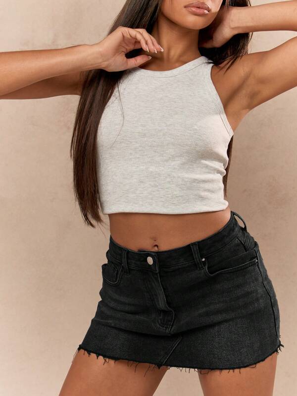 Missguided MISSGUIDED High Waisted Raw Hem Distressed Denim Mini Skirt