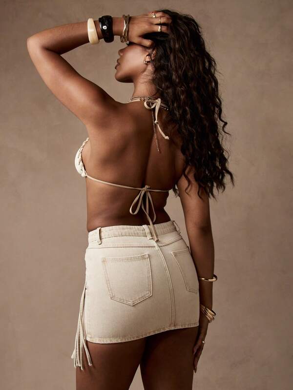 Missguided MISSGUIDED High Waisted Western Boho Fringe Denim Mini Skirt