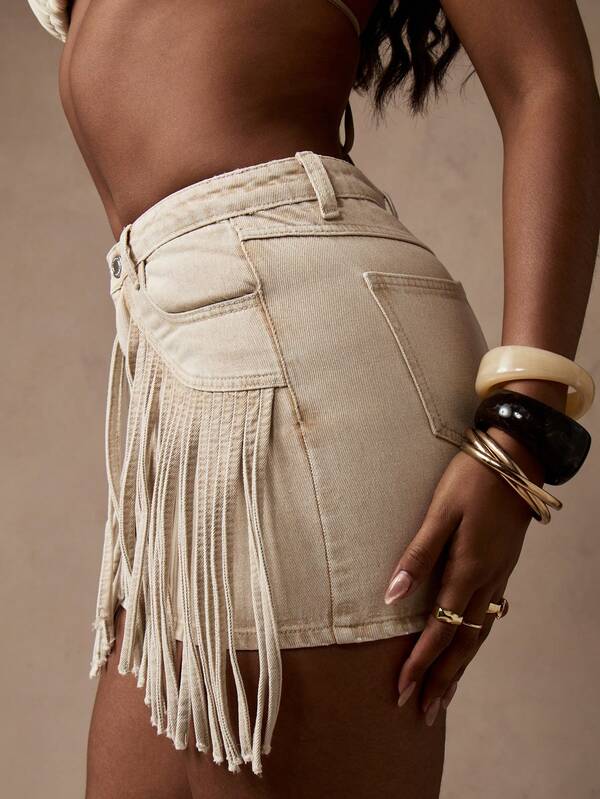 Missguided MISSGUIDED High Waisted Western Boho Fringe Denim Mini Skirt