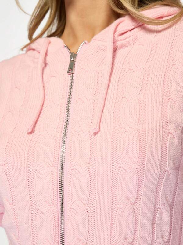 Missguided MISSGUIDED Hooded Cable Knit Zip Up Cardigan