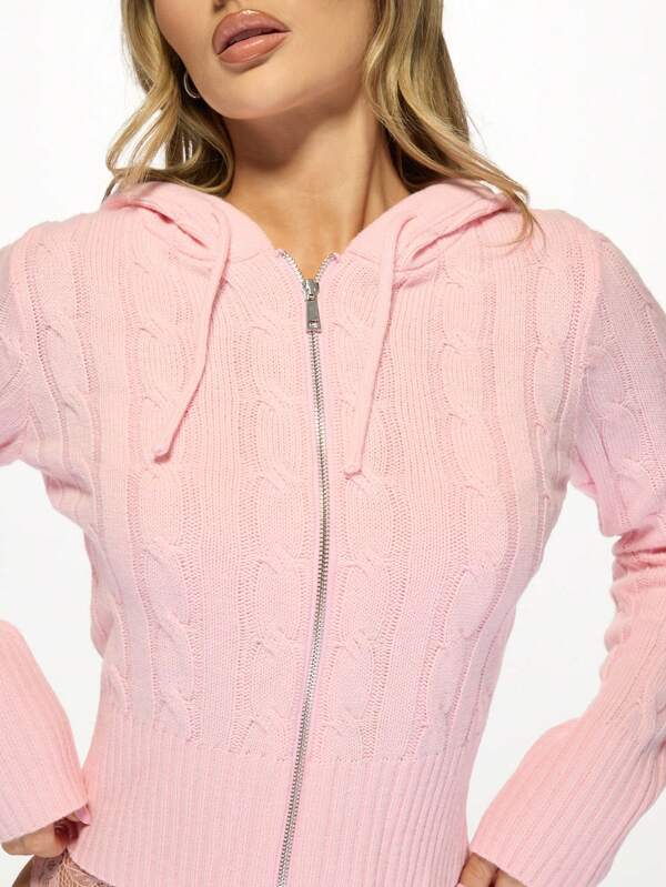 Missguided MISSGUIDED Hooded Cable Knit Zip Up Cardigan