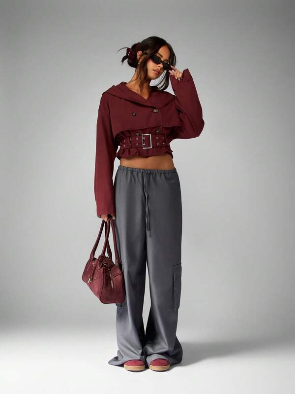 Missguided MISSGUIDED Hooded Double Breasted Cropped Trench With Belt