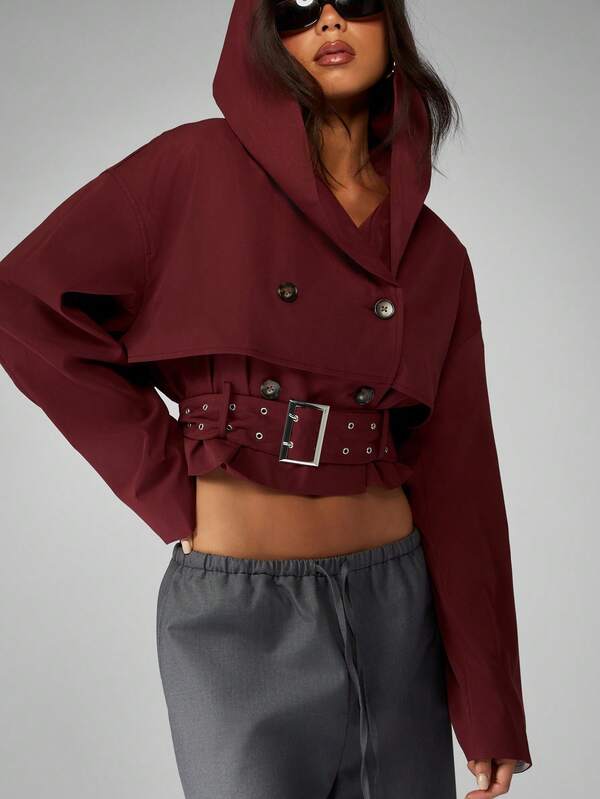 Missguided MISSGUIDED Hooded Double Breasted Cropped Trench With Belt