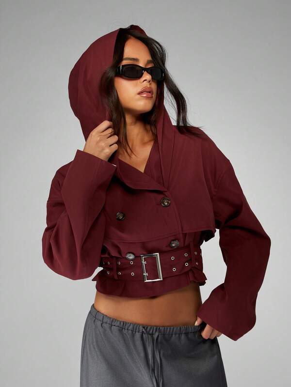 missguided MISSGUIDED Hooded Double Breasted Cropped Trench With Belt
