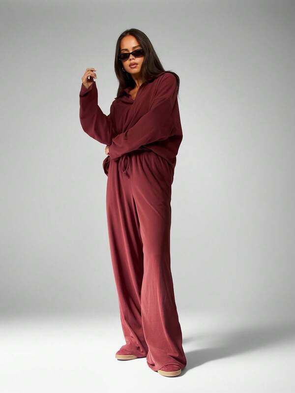 Missguided MISSGUIDED Hooded Half Zip Top With Wide Leg Palazzo Pants